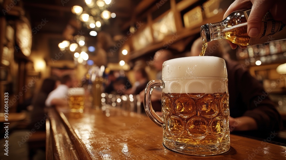 A traditional Bavarian pub scene with a bartender pouring a pint of lager, the foam head rising perfectly above the rim, surrounded by the rustic charm of wooden tables, beer mugs, and friends A traditional Bavarian pub scene with a bartender pouring a pint of lager, the foam head rising perfectly above the rim, surrounded by the rustic charm of wooden tables, beer mugs, and friends