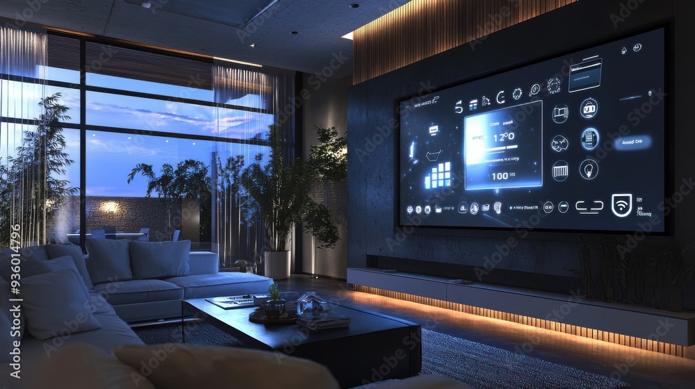 A smart home interface displayed on a large wall-mounted screen, showing real-time control over lighting, security, and appliances, with seamless integration of home automation systems in a modern A smart home interface displayed on a large wall-mounted screen, showing real-time control over lighting, security, and appliances, with seamless integration of home automation systems in a modern