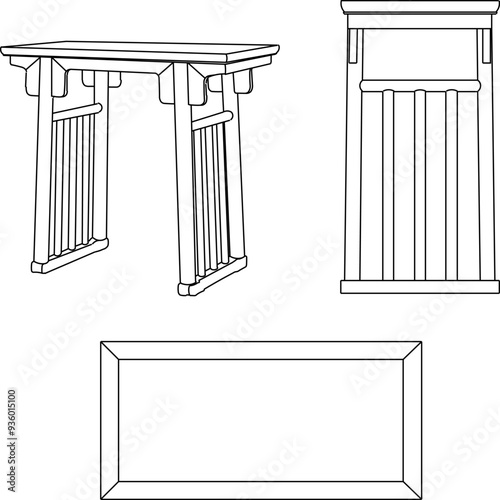 Vector sketch illustration of the silhouette of a furniture design, table, chair, cupboard, full of ornate ornaments, vintage classic ethnic traditional Chinese modern carvings