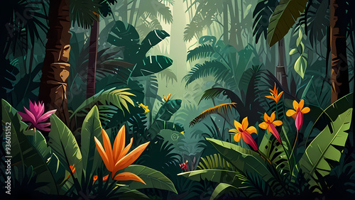 Wallpaper Mural Illustration of a flat vector background focusing on a dense jungle scene Torontodigital.ca