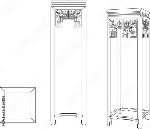 Vector sketch illustration of the silhouette of a furniture design, table, chair, cupboard, full of ornate ornaments, vintage classic ethnic traditional Chinese modern carvings