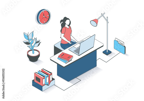 Business office 3d isometric concept with isometry people design for web. Woman working at laptop while sitting at desk, doing paperwork and making routine tasks in workflow. Vector illustration.