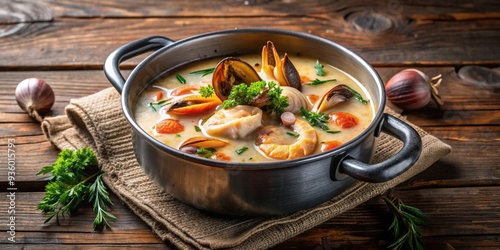 Seafood chowder simmering in a rustic pot , seafood, chowder, soup, seafood soup, creamy, comfort food, homemade, cooking, simmering