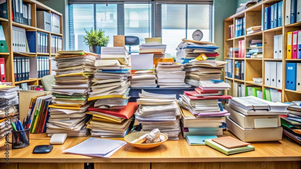 Desk cluttered with stacks of paperwork and files Desk cluttered with stacks of paperwork and files