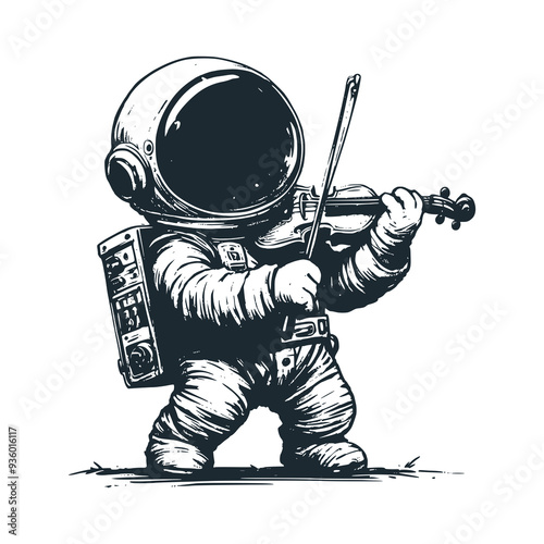 Cute astronaut playing a violin. Black white vector icon and logo illustration.