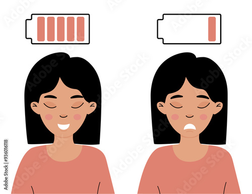 A tired woman contrasts with her energetic self, highlighting the impact of energy levels