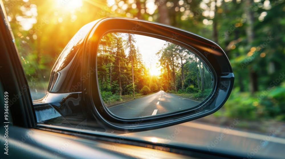 The car's side mirrors reflect the road and surrounding area with sunlight, emphasizing the car's collision avoidance system. The car's side mirrors reflect the road and surrounding area with sunlight, emphasizing the car's collision avoidance system.