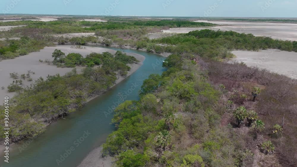 Imagem de drone de barco e kitesurfistas Barra Grande, Cajueiro da Praia, em Piaui Brasil, encontro do rio e mar na natureza com uma ilha