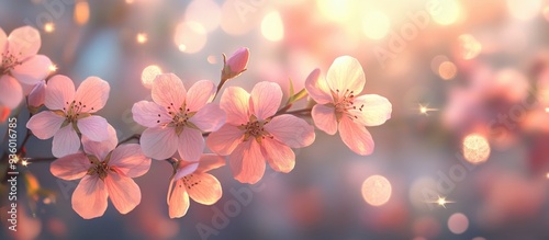 Beautiful Pink Cherry Blossoms in Full Bloom with Sparkling Bokeh Background at Sunset