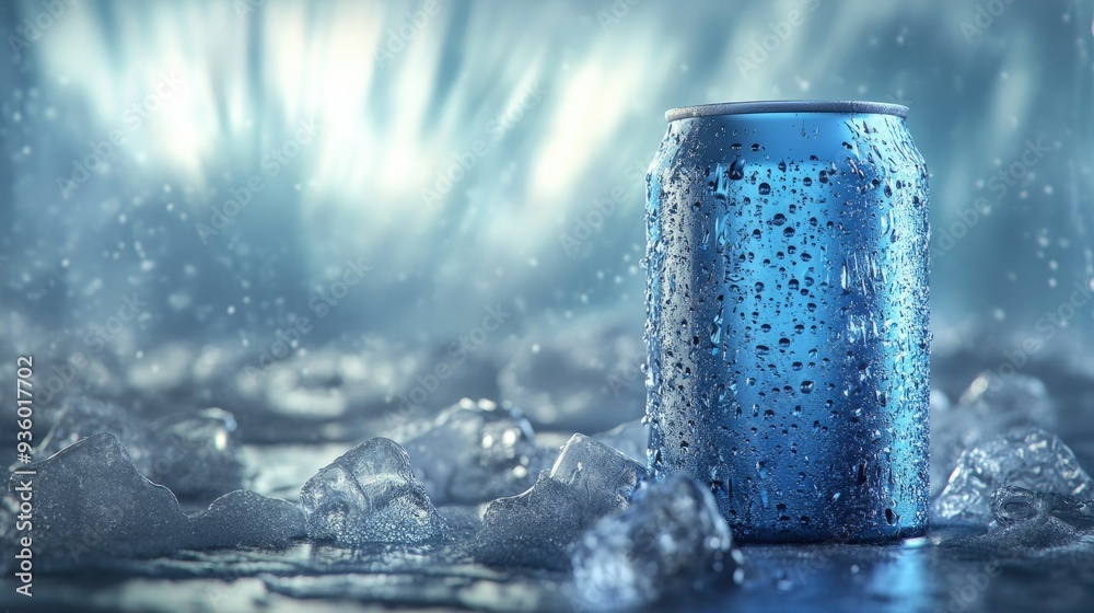 Frosty can of cold drink among ice cubes, condensation enhancing its chilled and refreshing look. Frosty can of cold drink among ice cubes, condensation enhancing its chilled and refreshing look.