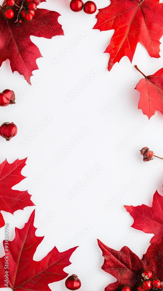 A colorful composition of autumn leaves and branches is carefully arranged on a white background, providing ample space for creative designs and seasonal branding