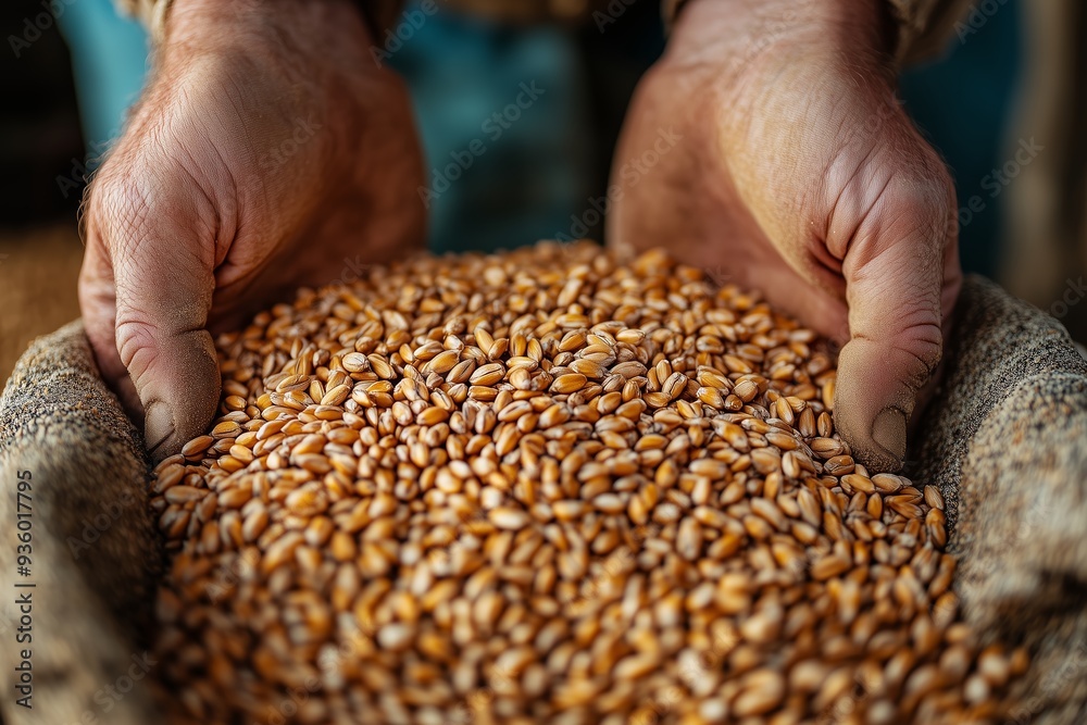 Hands holding a sack of freshly harvested wheat grains in a rustic setting during the autumn harvest