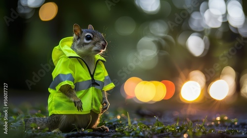 Squirrel Wearing a Yellow Raincoat in City