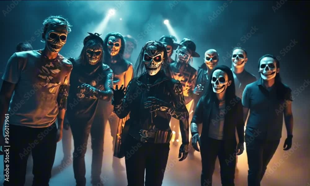 Diverse group in futuristic neon-lit costumes with determined expressions against dark urban background
