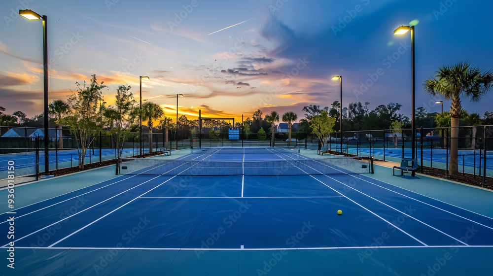 Evening photo of outdoor blue tennis courts with pickleball lines and lights turned on. Evening photo of outdoor blue tennis courts with pickleball lines and lights turned on.