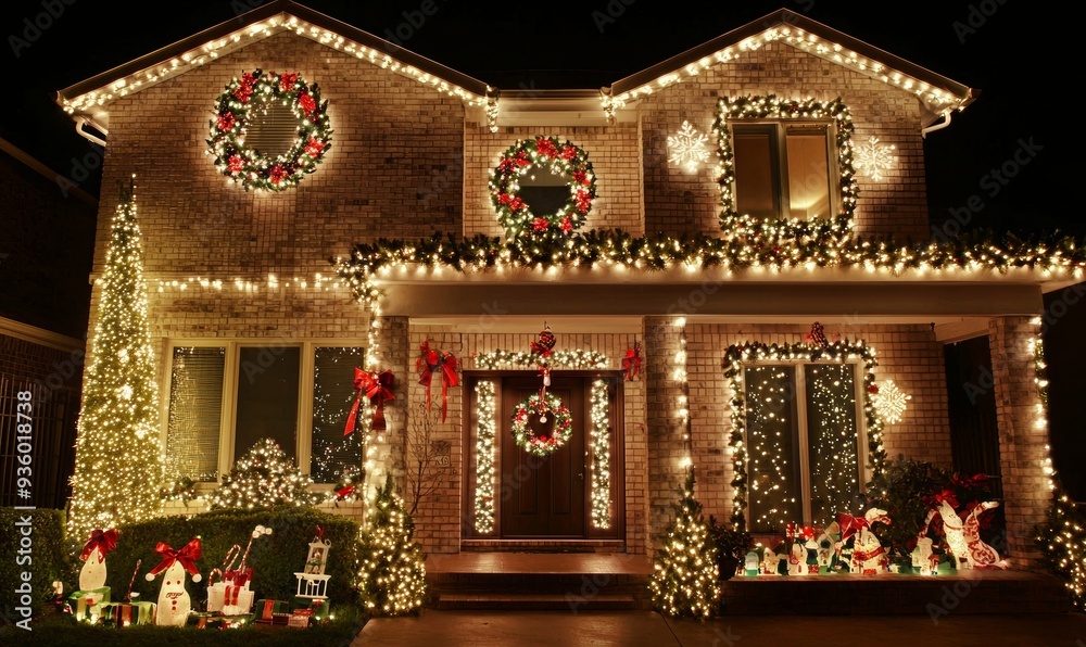 Fototapeta premium A house decorated for the holidays with christmas lights and festive decorations