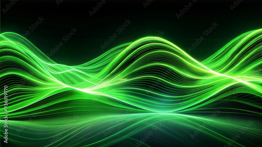 Obraz premium Green wavy light pattern, abstract neon lines, futuristic energy flow