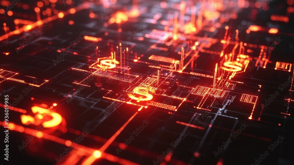 Glowing 3D financial network with interconnected currency symbols and a futuristic design. Glowing 3D financial network with interconnected currency symbols and a futuristic design.