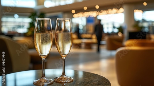 Luxurious airport lounge setting with champagne glasses in sharp focus on a table, while the background of the lounge and travelers is softly blurred, highlighting the elegance and comfort. Taken