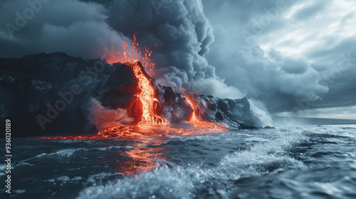 Dramatic Volcanic Eruption Near the Ocean with Molten Lava Flowing and Thick Smoke Under a Stormy Sky. Concept of Natural Disasters, Volcanic Activity, Ocean, Extreme Weather