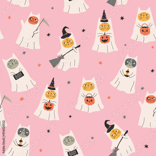 Halloween seamless pattern with ghost cats on pink background. Vector illustration of Halloween party. Cute funny ghosts. Spooky halloween kittens. For fabric, textile, wrapping paper, gift wrapping