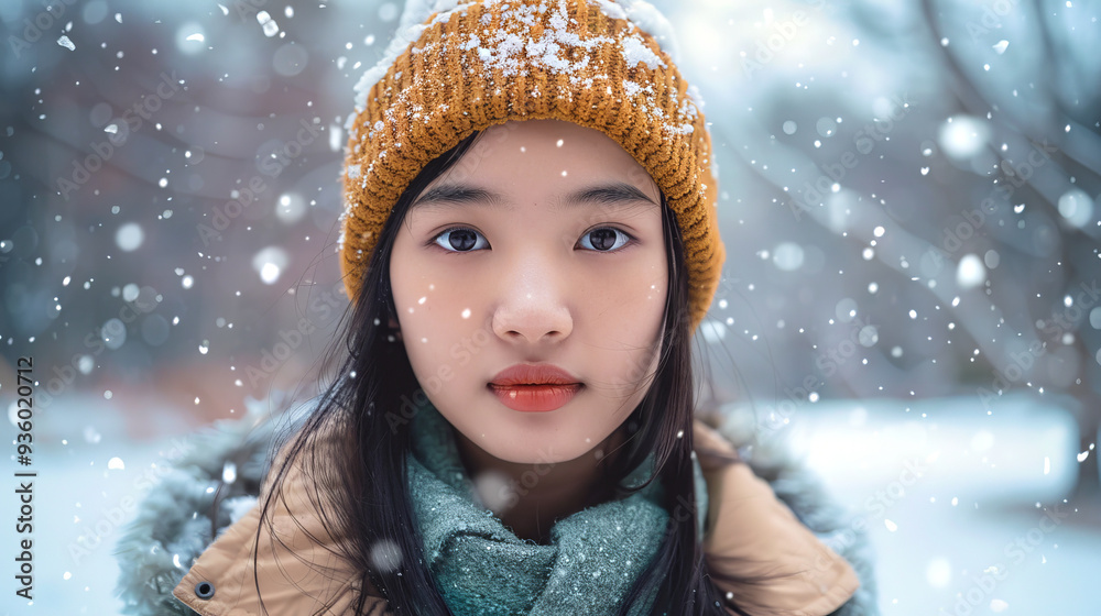 Young Asian woman in winter clothing enjoying snowy day in a park. Concept of winter fashion, outdoor activities, cold weather, seasonal charm Young Asian woman in winter clothing enjoying snowy day in a park. Concept of winter fashion, outdoor activities, cold weather, seasonal charm