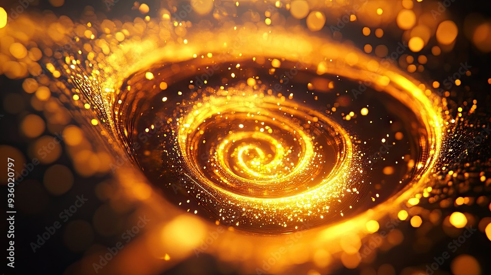 Glowing 3D golden vortex with vibrant spirals, highlighting the elegance of motion.