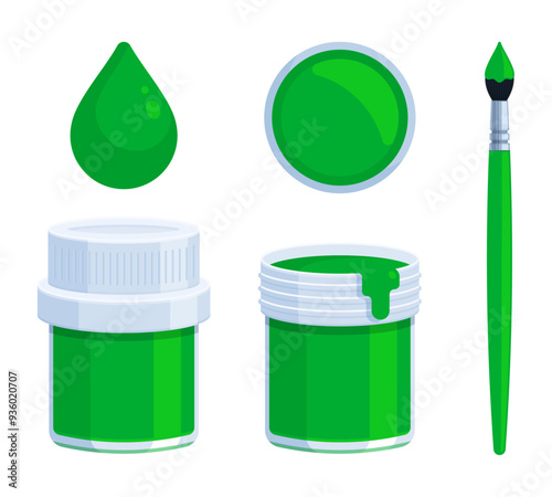 Set of green paint bottle with brush and paint drop. Flat vector illustration isolated on white background. Tempera, gouache, acrylic, and watercolor painting concepts. Perfect for creative projects