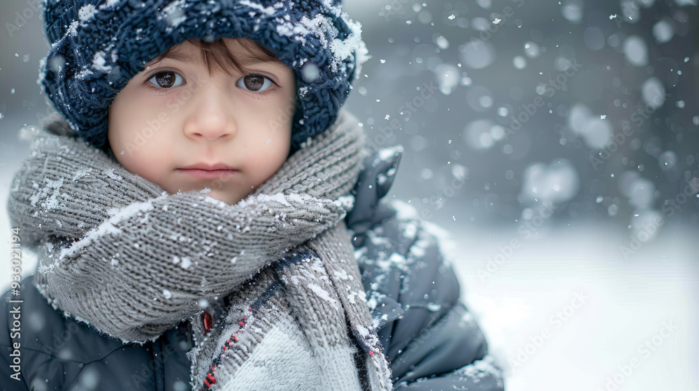 Cute Child in Winter Jacket and Scarf Looking Thoughtful Against Snowy Background. Concept of Winter Fashion, Cozy Clothing, Cold Weather, Childhood Cute Child in Winter Jacket and Scarf Looking Thoughtful Against Snowy Background. Concept of Winter Fashion, Cozy Clothing, Cold Weather, Childhood