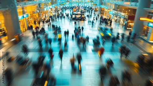Wallpaper Mural High-angle view of a busy airport terminal during rush hour, with the central area in sharp focus and the surrounding travelers and activities softly blurred to create a dynamic scene. Taken with Torontodigital.ca
