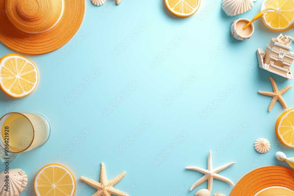 Summer beach essentials arranged on a light blue background featuring a wide-brimmed hat, starfish, and lemon slices symbolizing a refreshing and relaxing seaside vacation Summer beach essentials arranged on a light blue background featuring a wide-brimmed hat, starfish, and lemon slices symbolizing a refreshing and relaxing seaside vacation