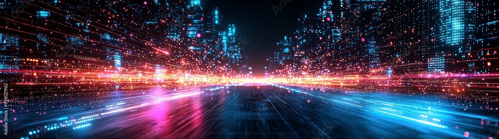 Digitally rendered abstract scene showcasing colorful lights and dynamic patterns. Digitally rendered abstract scene showcasing colorful lights and dynamic patterns.