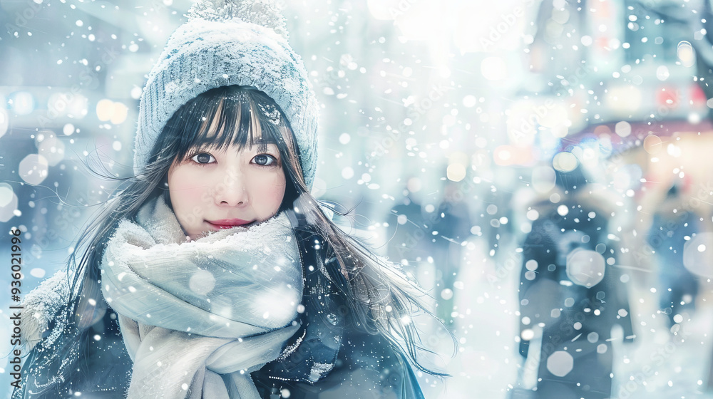 Watercolor Illustration of a Young Asian Woman Walking on a Snowy City Street. Concept of Winter Fashion, Urban Lifestyle, Seasonal Beauty, Joyful Expression Watercolor Illustration of a Young Asian Woman Walking on a Snowy City Street. Concept of Winter Fashion, Urban Lifestyle, Seasonal Beauty, Joyful Expression
