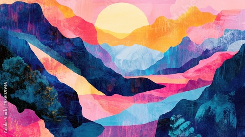 Bright hues illustrate a vibrant sunrise as it casts light over abstract mountains and valleys, creating a peaceful atmosphere
