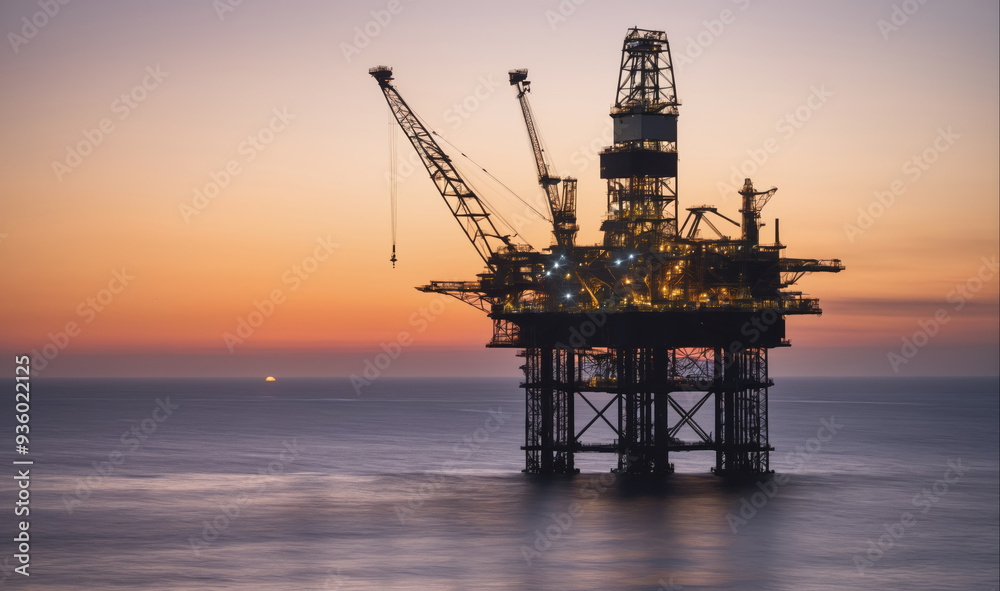 An oil rig stands tall against a colorful sunset in the ocean An oil rig stands tall against a colorful sunset in the ocean