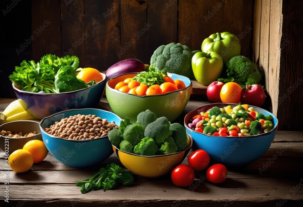 colorful pet bowls filled nutritious ingredients healthy pets vibrant dining experience, food, meal, animal, dish, ceramic, stainless, water, dry, wet, serving