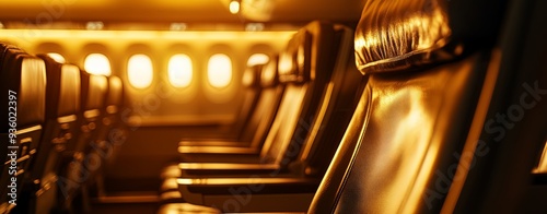 Dramatic shot of an airplane cabin during landing, with the seatbacks in sharp focus and the soft lighting from outside creating a warm glow, while the rest of the cabin is slightly blurred. Taken photo