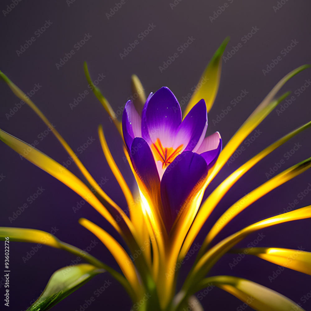 Purple crocus with glow on grey background. Created with Generative AI technology