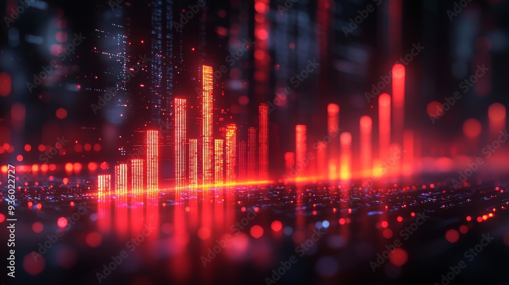 In this digital visualization, a stock market graph is presented in vibrant colors with dynamic trends. In this digital visualization, a stock market graph is presented in vibrant colors with dynamic trends.