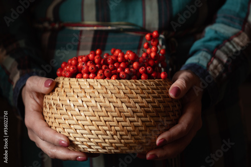 Fotografija basket with red berries in female hands, autumn mood