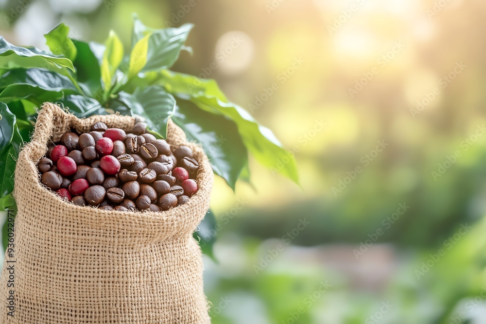 Fototapeta premium A burlap sack filled with fresh coffee beans, surrounded by lush greenery and soft sunlight, showcasing the beauty of nature and coffee.