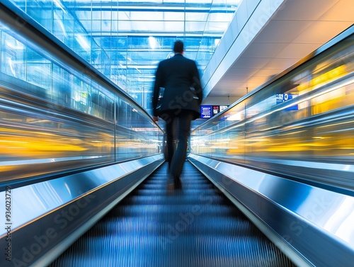 Artistic shot of an airport travelator with a traveler in motion, the movement captured with a slight blur while the travelator’s edges and the traveler’s figure remain in sharp focus. Taken with photo