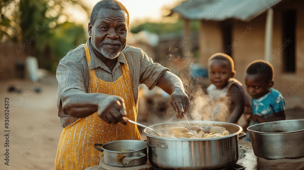 Elderly African man cooking food in an outdoor setting, stirring a large pot on a stove with two young children observing in the background. Elderly African man cooking food in an outdoor setting, stirring a large pot on a stove with two young children observing in the background.