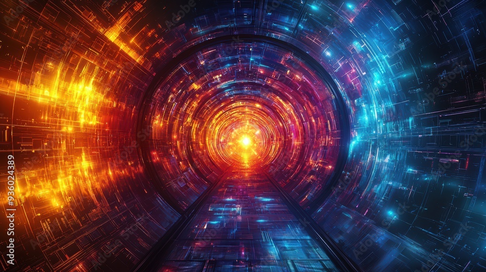 Fototapeta premium Futuristic tunnel with vibrant colors, featuring glowing lights and abstract patterns, perfect for science fiction themes.