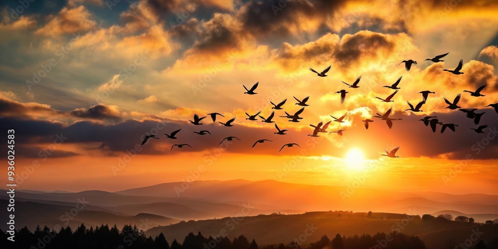 Silhouette of a flock of birds flying over the valley during sunset, freedom, birds, sunset, twilight, valley, sky, sunbeam Silhouette of a flock of birds flying over the valley during sunset, freedom, birds, sunset, twilight, valley, sky, sunbeam