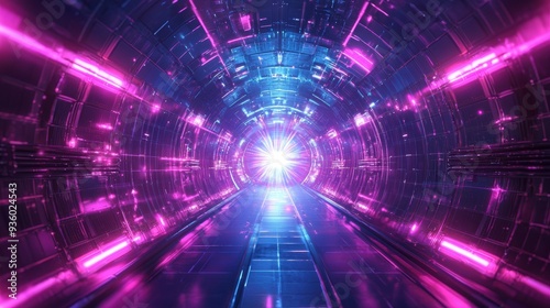 Futuristic tunnel with vibrant neon lights and glowing patterns, creating a sense of depth and advanced technology.