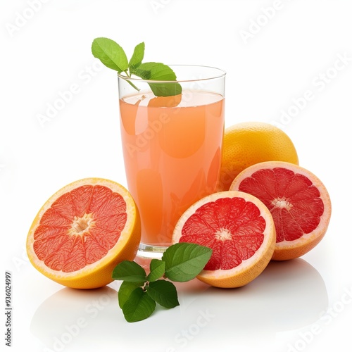 Freshly squeezed grapefruit juice in a glass with fruit on white background