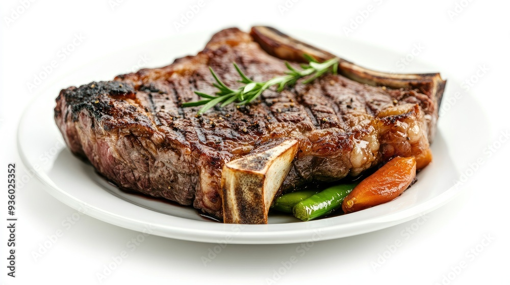 Grilled beef steak with bone, isolated on a white plate against a white background. The charred crust highlights the steak's flavor. Grilled beef steak with bone, isolated on a white plate against a white background. The charred crust highlights the steak's flavor.