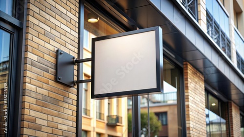 Mock up signboard with black frame in square shape on front shop sign of modern building