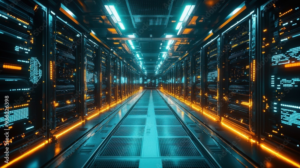 A high-tech data center with rows of servers, blinking lights, and AI-driven monitoring systems processing massive amounts of data in real-time, showcasing the power of advanced computing technology A high-tech data center with rows of servers, blinking lights, and AI-driven monitoring systems processing massive amounts of data in real-time, showcasing the power of advanced computing technology
